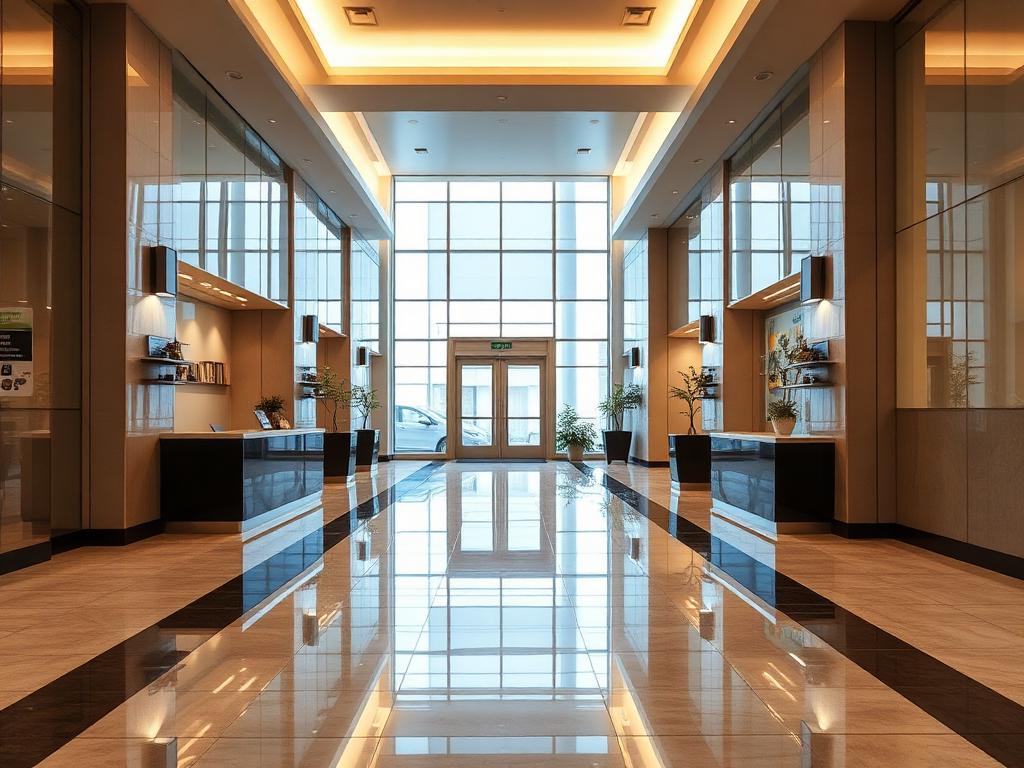 Apartment building lobby with polished floors