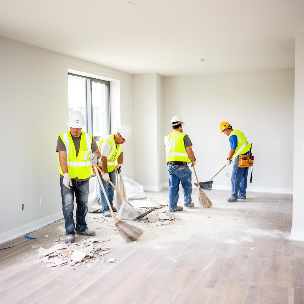 Post-construction cleanup crew removing debris from renovated apartment