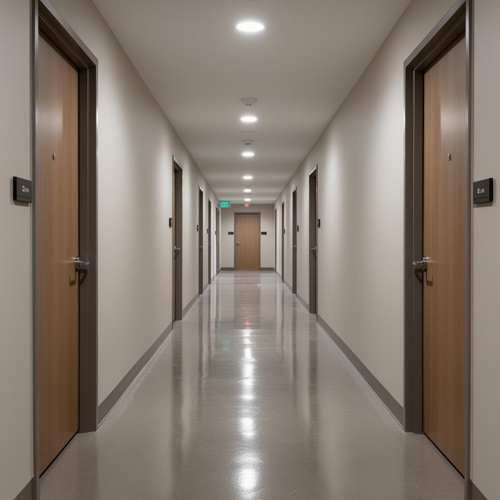 Clean apartment building hallway with polished floors