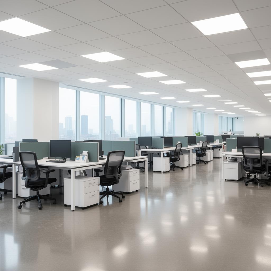 Clean modern office workspace with polished floors and organized desks