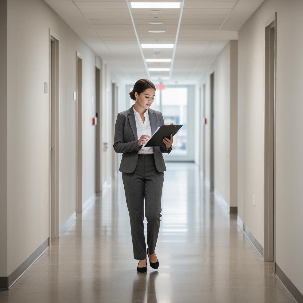 Property manager inspecting clean apartment building hallway